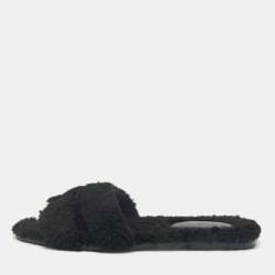 Hermes Black Shearling Fur Oran Flat Sandals Size 39