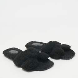 Hermes Black Shearling Fur Oran Flat Sandals Size 39