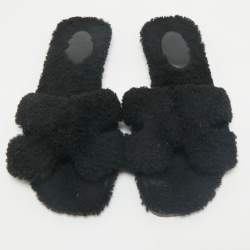 Hermes Black Shearling Fur Oran Flat Sandals Size 39