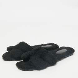 Hermes Black Shearling Fur Oran Flat Sandals Size 39