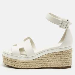 Hermes White Leather Ilana Espadrille Wedge Sandals Size 39
