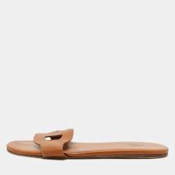 Hermes Brown Leather Lisboa Flat Sandals Size 39