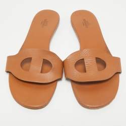 Hermes Brown Leather Lisboa Flat Sandals Size 39
