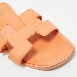 Pre Owned Hermes Orange Leather Oran Flat Slides Size 39
