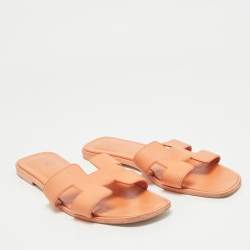 Pre Owned Hermes Orange Leather Oran Flat Slides Size 39