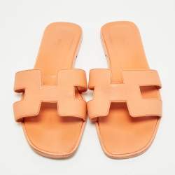 Pre Owned Hermes Orange Leather Oran Flat Slides Size 39