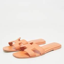Pre Owned Hermes Orange Leather Oran Flat Slides Size 39