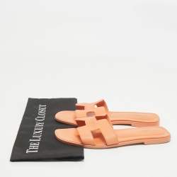 Pre Owned Hermes Orange Leather Oran Flat Slides Size 39
