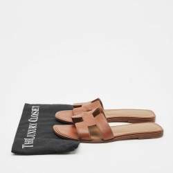 Hermes Brown Leather Oran Flat Slide Sandals Size 38