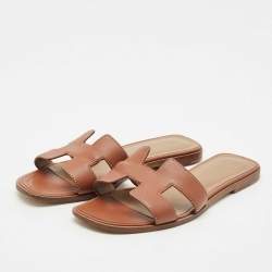 Hermes Brown Leather Oran Flat Slide Sandals Size 38