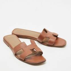 Hermes Brown Leather Oran Flat Slide Sandals Size 38