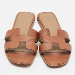 Hermes Brown Leather Oran Flat Slide Sandals Size 38