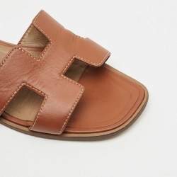 Hermes Brown Leather Oran Flat Slide Sandals Size 38