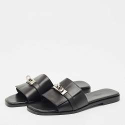 Hermes Black Leather Gabriel Slide Sandals Size 37