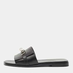 Hermes Black Leather Gabriel Slide Sandals Size 37