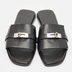 Hermes Black Leather Gabriel Slide Sandals Size 37