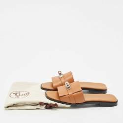 Hermes Brown Leather Gabriel Flat Slides Size 37