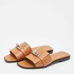 Hermes Brown Leather Gabriel Flat Slides Size 37