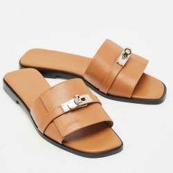 Hermes Brown Leather Gabriel Flat Slides Size 37