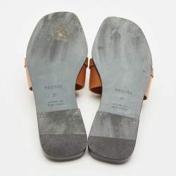 Hermes Brown Leather Gabriel Flat Slides Size 37