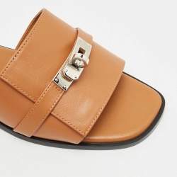 Hermes Brown Leather Gabriel Flat Slides Size 37