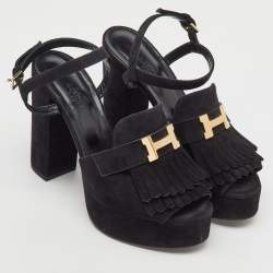 Hermes Black Suede Anjou Block Heel Platform Ankle Strap Sandals Size 40