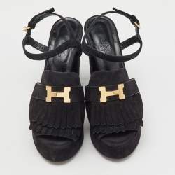 Hermes Black Suede Anjou Block Heel Platform Ankle Strap Sandals Size 40
