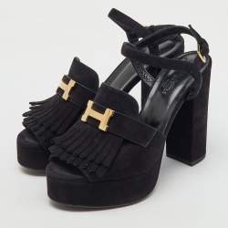 Hermes Black Suede Anjou Block Heel Platform Ankle Strap Sandals Size 40