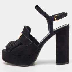 Hermes Black Suede Anjou Block Heel Platform Ankle Strap Sandals Size 40