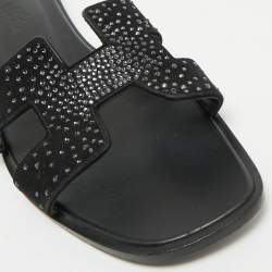 Hermes Black Suede Crystal Embellished Oran Flat Slides Size 39