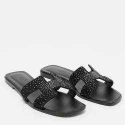 Hermes Black Suede Crystal Embellished Oran Flat Slides Size 39