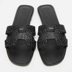 Hermes Black Suede Crystal Embellished Oran Flat Slides Size 39