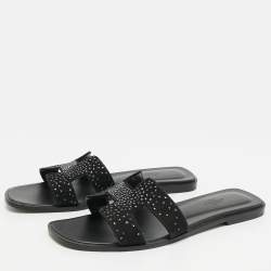 Hermes Black Suede Crystal Embellished Oran Flat Slides Size 39