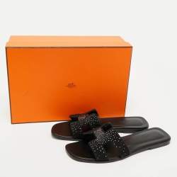 Hermes Black Suede Crystal Embellished Oran Flat Slides Size 39