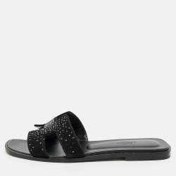 Hermes Black Suede Crystal Embellished Oran Flat Slides Size 39