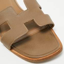 Hermes Grey Leather Oran Flat Slides Size 39.5