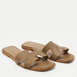 Hermes Grey Leather Oran Flat Slides Size 39.5