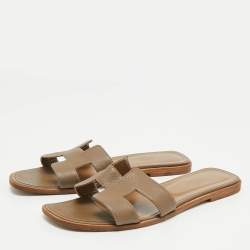 Hermes Grey Leather Oran Flat Slides Size 39.5