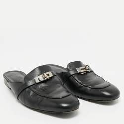 Hermes Black Leather Oz Flat Mules Size 39
