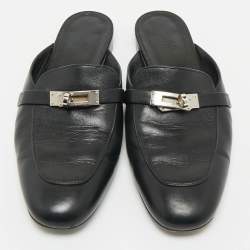 Hermes Black Leather Oz Flat Mules Size 39