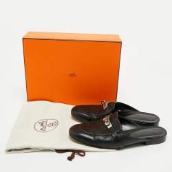 Hermes Black Leather Oz Flat Mules Size 39