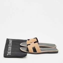 Hermes Peach Pink Glitter and Suede Oran Flat Slide Sandals Size 37.5
