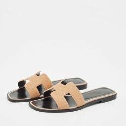 Hermes Peach Pink Glitter and Suede Oran Flat Slide Sandals Size 37.5