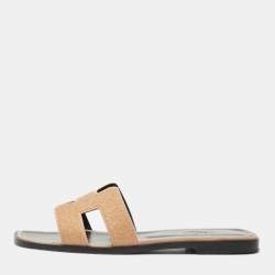 Hermes Peach Pink Glitter and Suede Oran Flat Slide Sandals Size 37.5