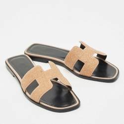 Hermes Peach Pink Glitter and Suede Oran Flat Slide Sandals Size 37.5