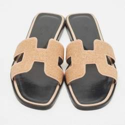 Hermes Peach Pink Glitter and Suede Oran Flat Slide Sandals Size 37.5