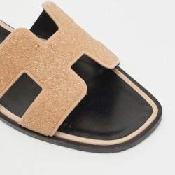 Hermes Peach Pink Glitter and Suede Oran Flat Slide Sandals Size 37.5