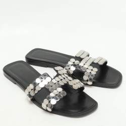 Pre Owned Hermès Black Leather Clou De Selle Embellished Oran Flat Slides Size 39