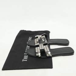 Pre Owned Hermès Black Leather Clou De Selle Embellished Oran Flat Slides Size 39