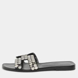 Hermès Black Leather Clou De Selle Embellished Oran Flat Slides Size 39